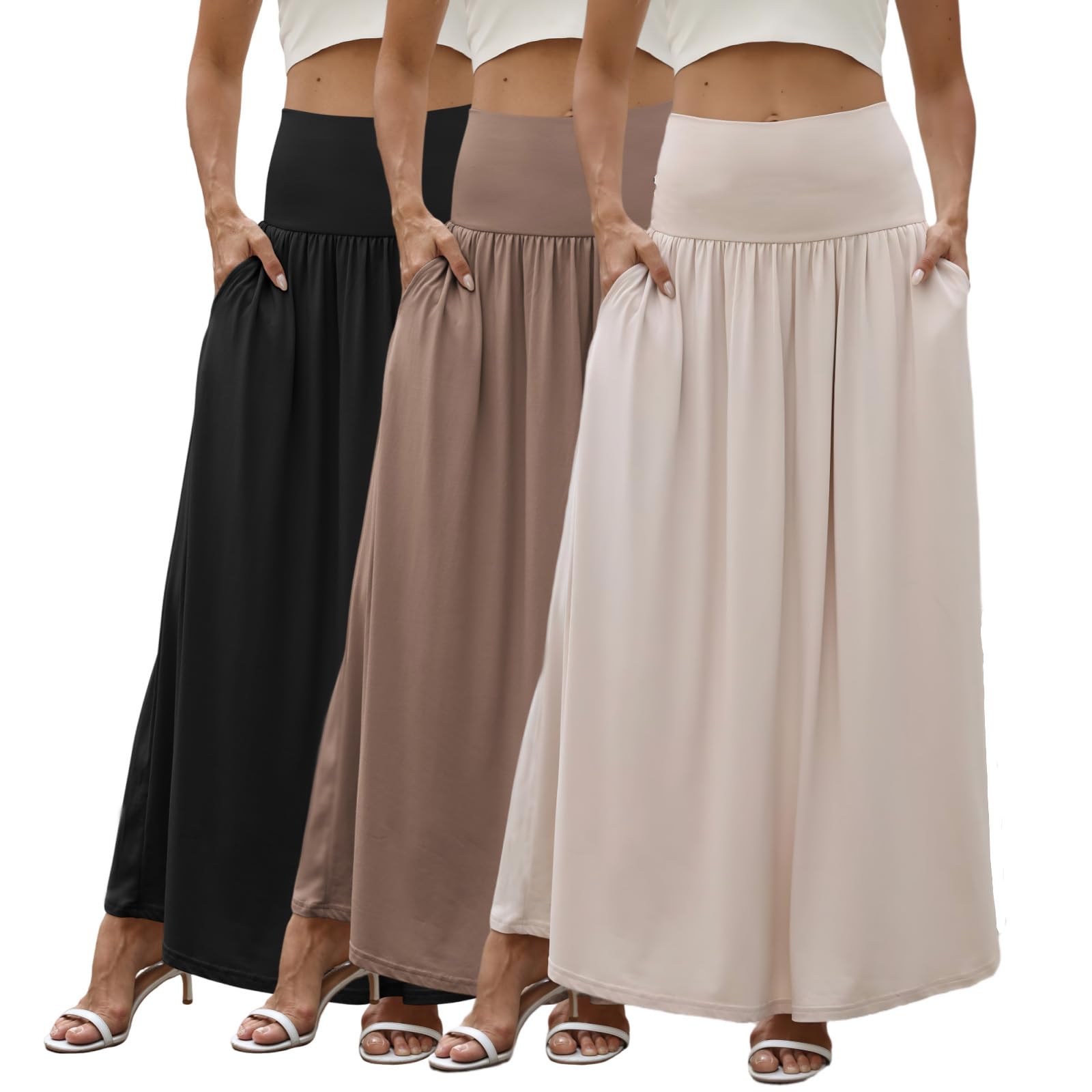 3 Pack Womens Maxi Skirts Elastic High Waist Pleated Flowy a Line Long Skirts for Curvy with Pockets