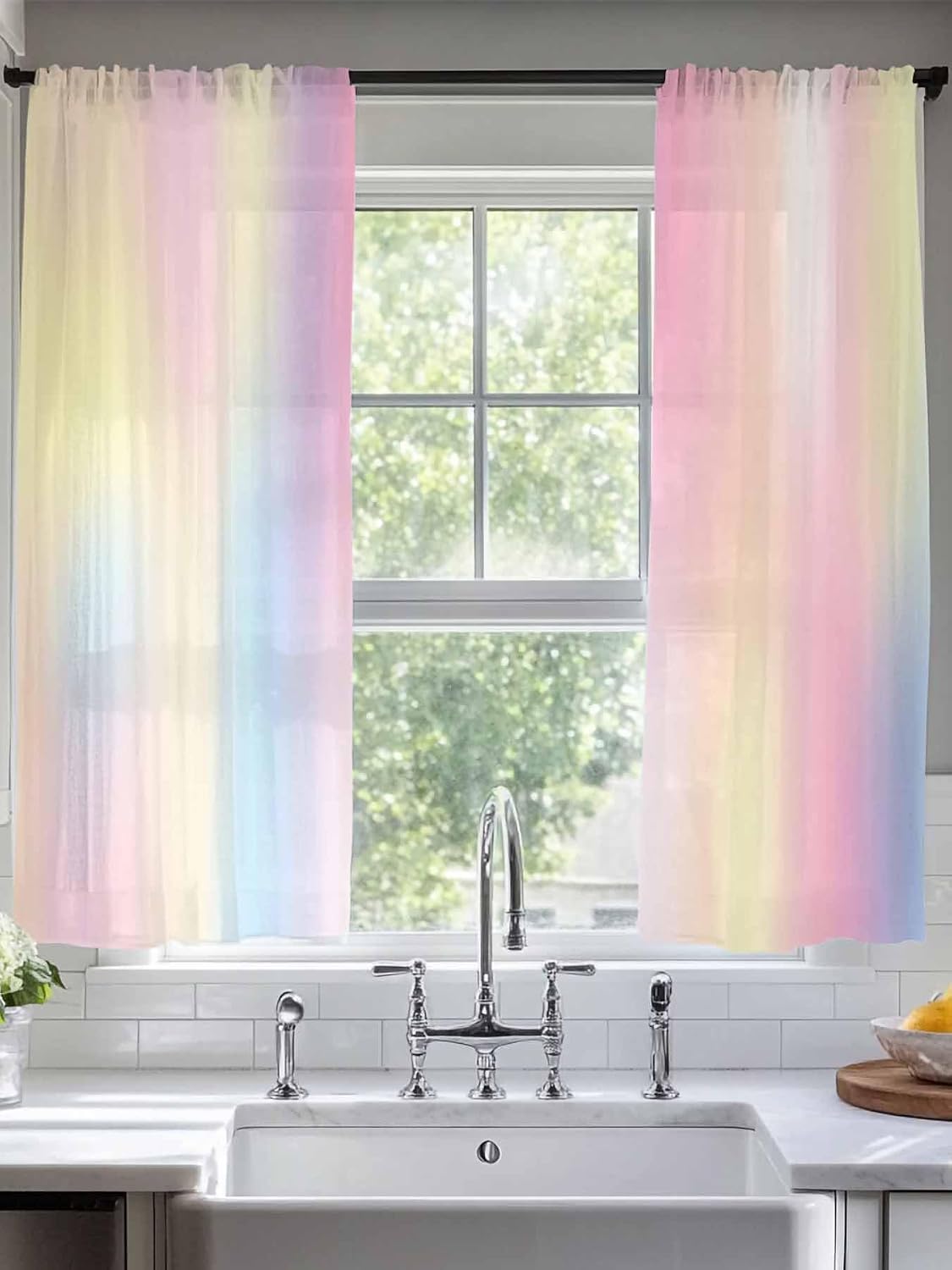 Chic D Voile Sheer Curtain Panels 72inch Length, Rainbow, Rod Pocket Semi Sheer Curtains for Bedroom, Living Room, 2 Panel Set Washable Window Curtains & Drapes, Colorful