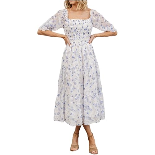 Sissyaki Women's Square Neck Tiered Long Dress Short Sleeve High Waist Smocked Midi Dress