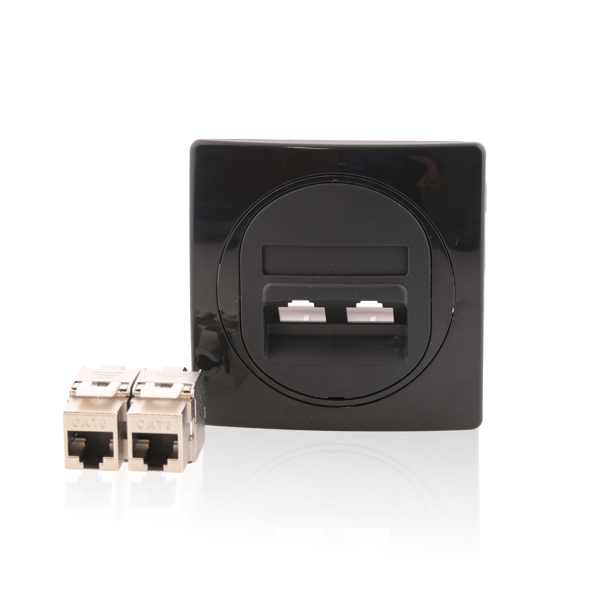 Intratec Daten-Dose Nobilis Schwarz, 2xRJ45 Cat 6 FTP Ø 60 mm & Rahmen 1-fach ABS zur Wandmontage, 80 x 80 mm
