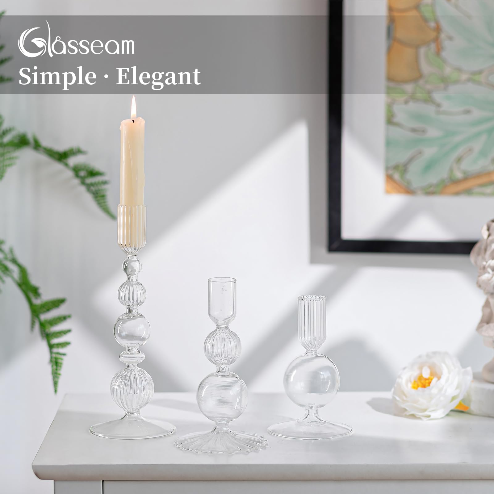 Glasseam Glass Candle Sticks Holder: Clear Taper Candle Holder Set of 3 Coloured Candlesticks Bubble Candle Holders for Living Room Candlestick Holders for Home Decor Party Tables Decoration - Image 4
