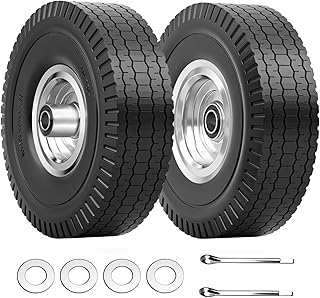 4.10/3.50-4 Tire & Wheel Flat Free, 2 Pcs Heavy Duty Solid PU Non-inflated Tires with Double Sealed Bearings, 5/8 in Axle Bore Hole & 2.15 in Offset Hub for Dolly/Garden Cart/Wheelbarrow/Wagon