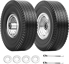 4.10/3.50-4 Tire & Wheel Flat Free, 2 Pcs Heavy Duty Solid PU Non-inflated Tires with Double Sealed Bearings, 5/8 in Axle Bore Hole & 2.15 in Offset Hub for Dolly/Garden Cart/Wheelbarrow/Wagon