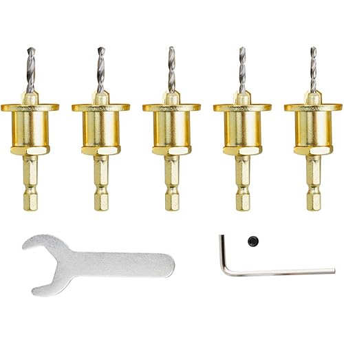 Juego de 5 brocas avellanadoras de vástago hexagonal de 14 de pulgada, juego de brocas avellanadoras ajustables con tope de profundidad, broca de