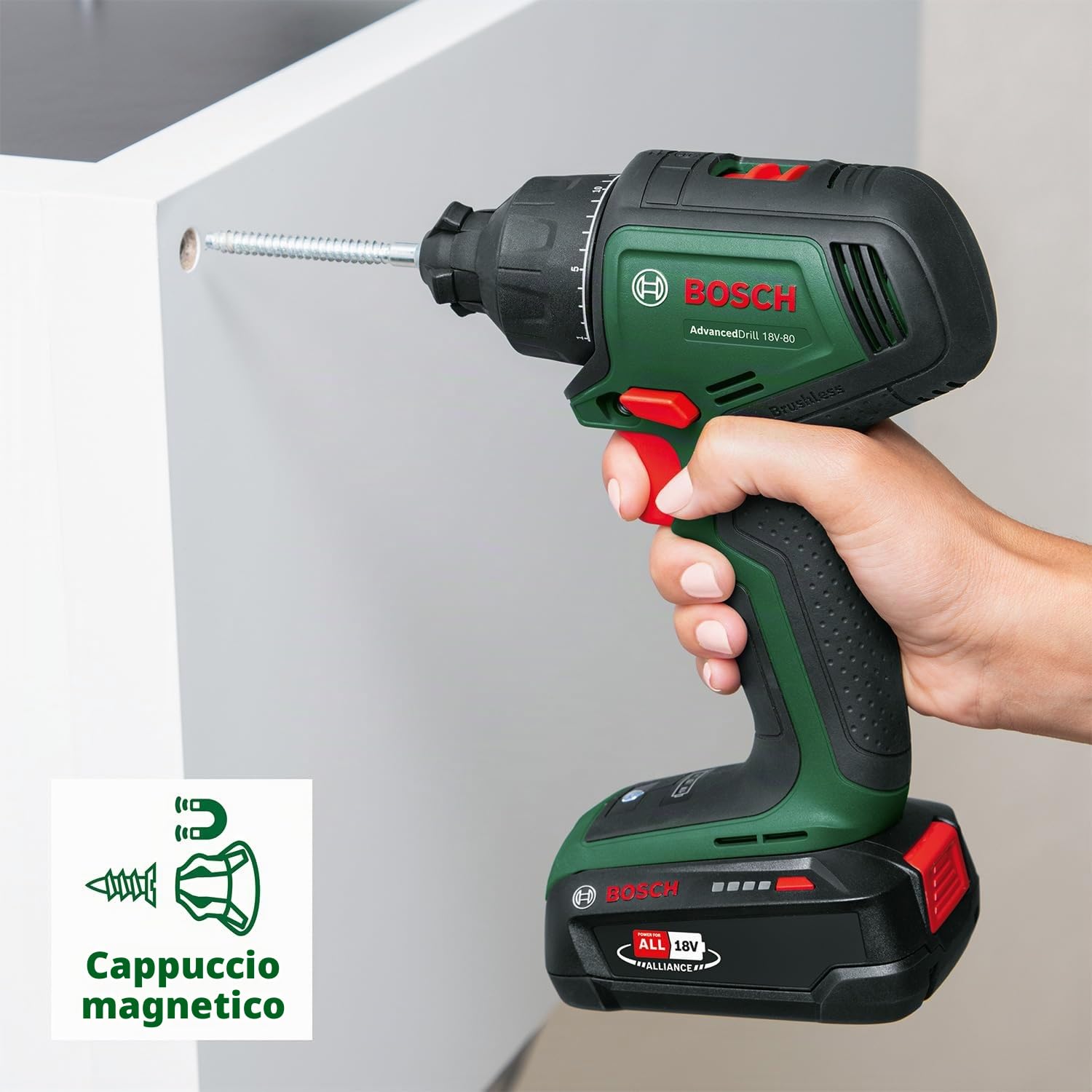Bosch trapano avvitatore a batt. AdvancedDrill 18V-80 (foratura/avvitamento; 18V; 78Nm; mandrino metallo 13mm; portabit magnetico; impugnatura suppl.; batteria e caricabatt.)
