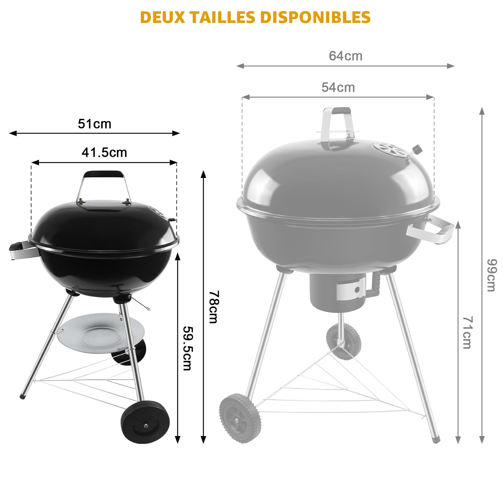 Barbecue Charbon Rond avec Couvercle et Roues BBQ Portable Grill Jardin Camping Balcon Taille moyenne
