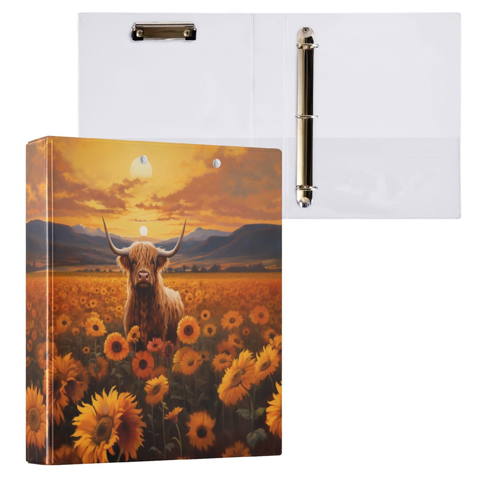 JIPONI Raccoglitore a 3 anelli, motivo mucca delle Highland e girasoli, 2,5 cm, per uomini, donne, studenti, grazioso organizer per documenti per ufficio e scuola, 1 pezzo