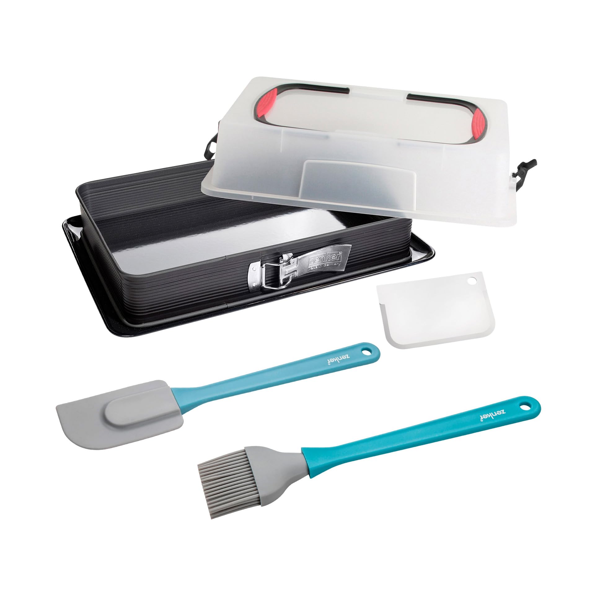 Zenker Set de Repostería, incluye Molde de Hornear Rectangular Desmontable con Tapa 43x29x10 cm, Espátula de Silicona y Pincel de Silicona Brocha 5 cm, Juego de Repostería para Tartas y Bizcochos