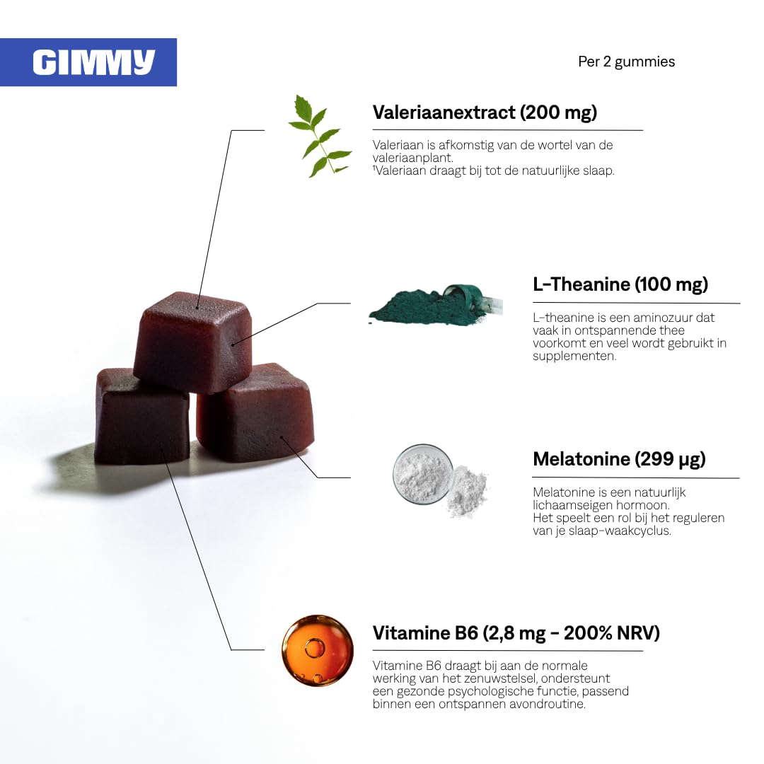 GIMMY Deep Sleep - compliment alimentaire aux gommes pour le sommeil - melatonine, L-théanine, valériane, vitamine B6 et camomille - sans sucres et vegetalien (60 pieces, 2 par jour avant le coucher)