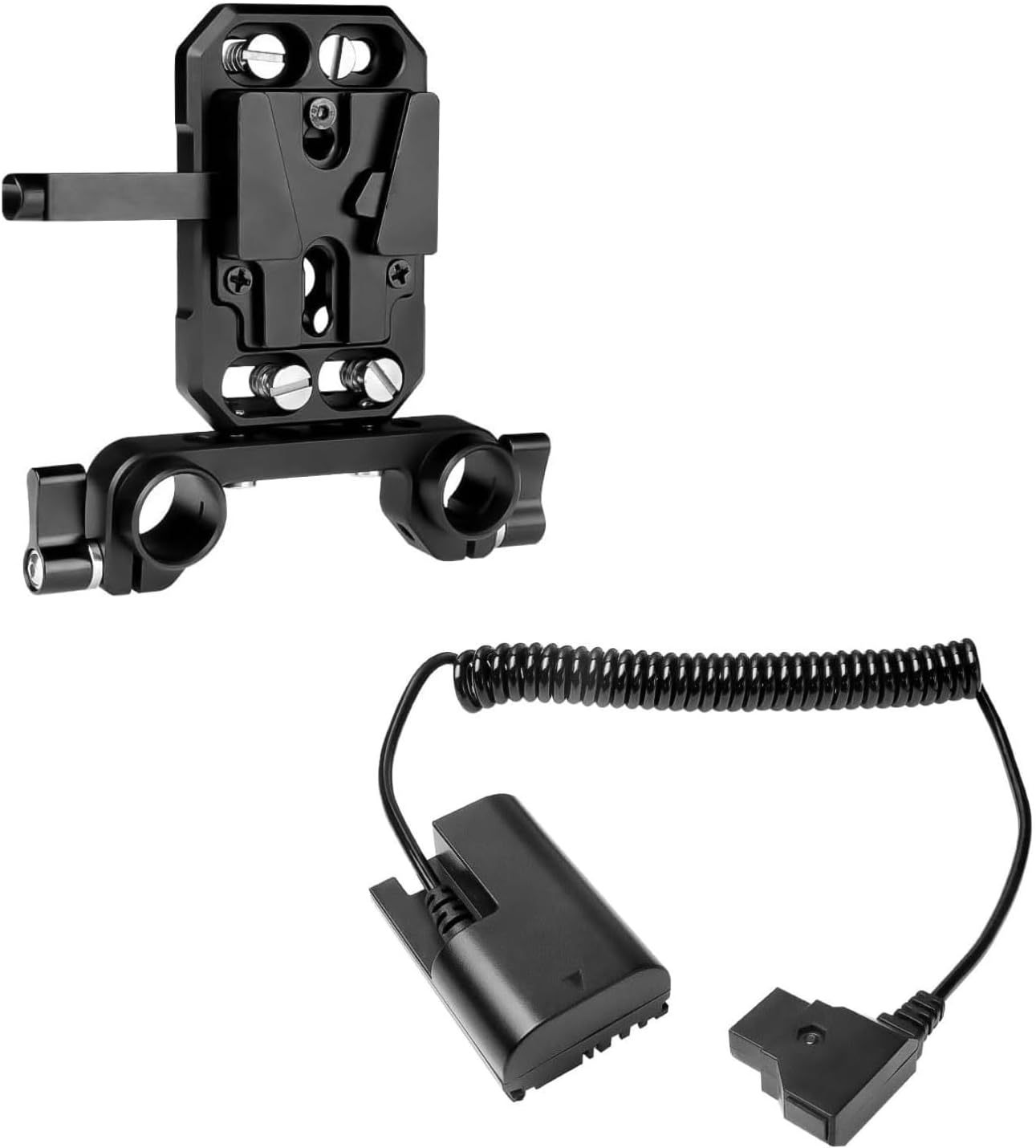Alvin's Creativity V-Mount Battery Plate with Dual 15mm Rod Clamps & LP-E6NH Dummy Battery to D-Tap Coiled Cable Bundle for Canon Sony ARRI RED Camera Power Supply