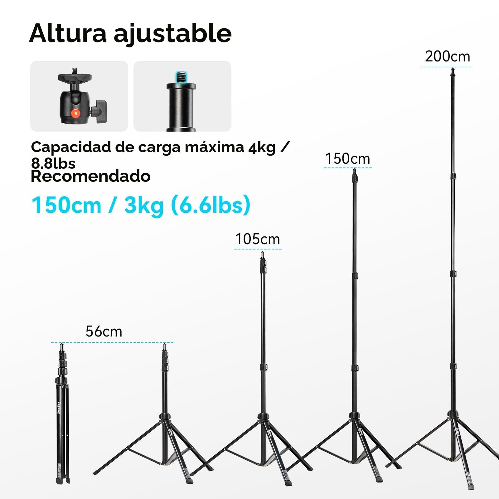 SMALLRIG Soporte de Luz de 200cm, Trípode Portátil para Fotografía, Ideal para Reflectores, Cajas de Luz, Luces de Estudio, Anillo de Luz, Carga Máxima 4kg, Tamaño Plegado 56cm, RA-S200-4379