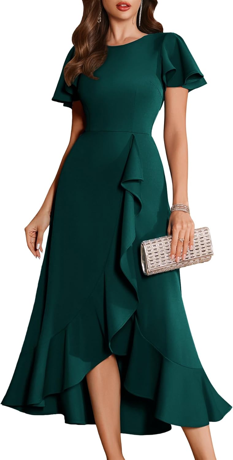 BeryLove Women Formal Party Dress Flutter Short Sleeve Wedding Cocktail Long Evening Dress