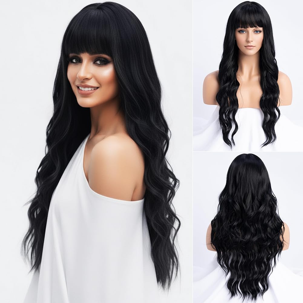 SIMKAYLEE Parrucca ondulata lunga nera da donna con frangia parrucche sintetiche dall'aspetto naturale con bangs per uso quotidiano delle feste (26 pollici)