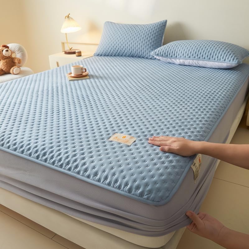 Mattress Protector, Cooling Mattress Pad Cover Smooth Soft Breathable Noiseless Bed Pad Topper for Home, Bedroom, Hotel, 11'' Deep Pocket (Blue,Queen 60"x80")