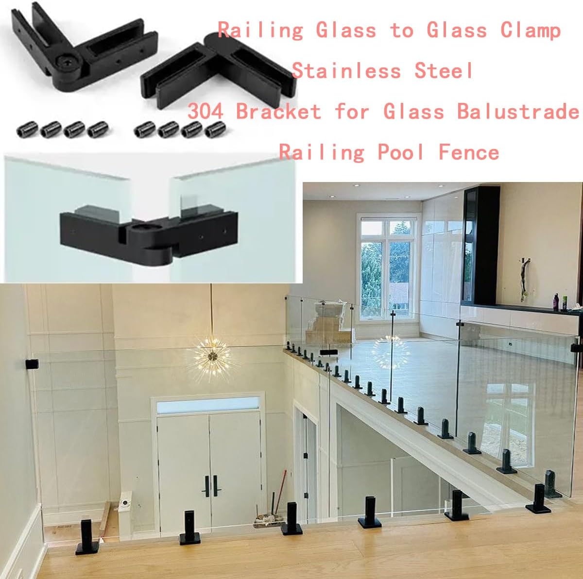 Railing Clamp, 4 Pack Black Stainless Steel 304 Bracket, Double Sided Railing Clip Holder with Rubber Gaskets for Coastal Outdoor Balustrade180 Degree (Black)