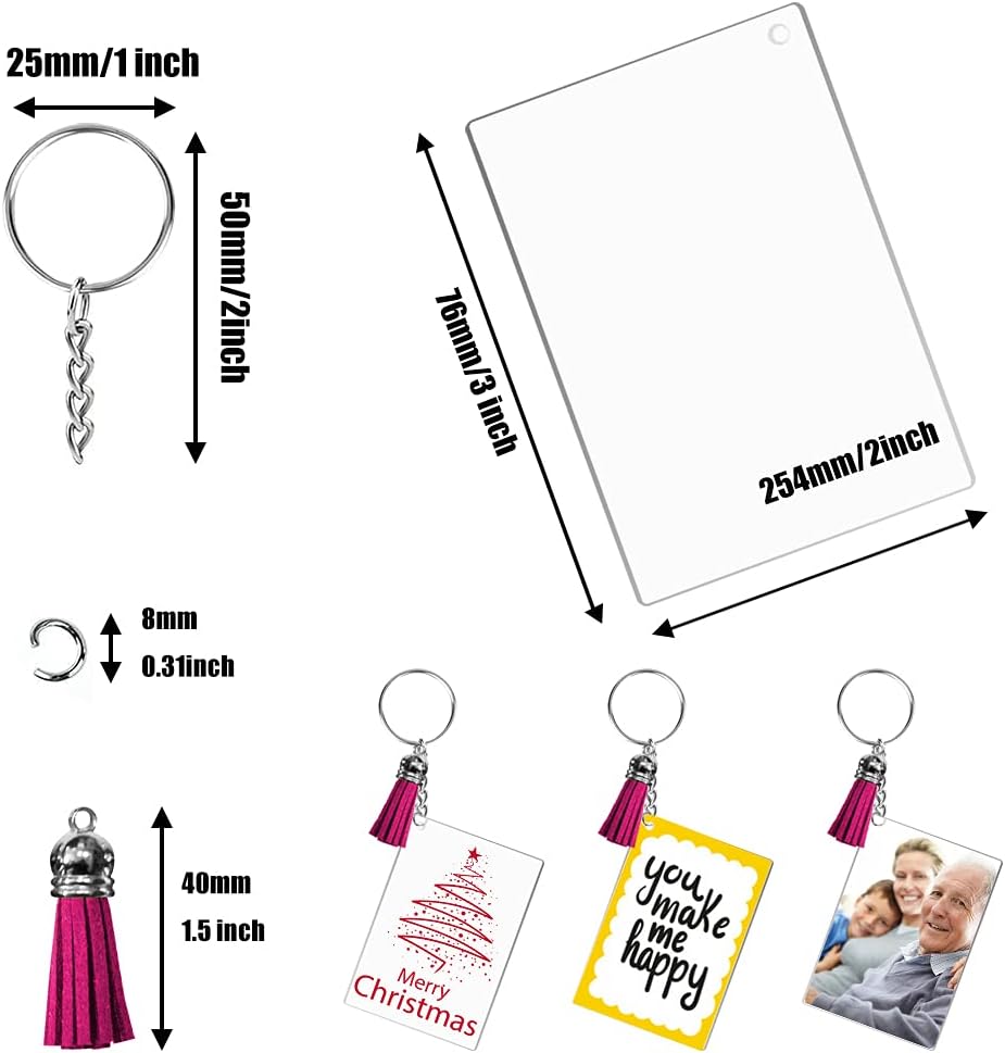96 PCS Acrylic Keychain Blanks Tassel Set Including 24 Clear Rectangle Acrylic Blanks (2x3 Inch) 24 Keychain Tassels, 24 Key Chain Rings and 24 Jump Rings for DIY Song Keychains, Custom Vinyl