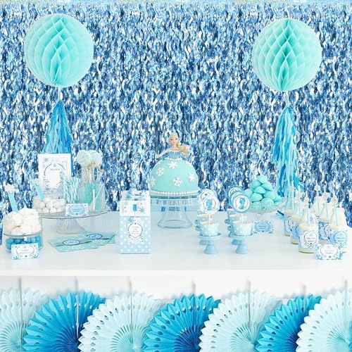 Image of TONIFUL 3Pcs Wavy Metallic Tinsel Foil Fringe Curtains Light Blue Streamer Backdrop for Photo Booth Props,Party Door Wall Curtains,Bachelorette,Underwater World Birthday Party Decor (9.9ft x 6.6ft)