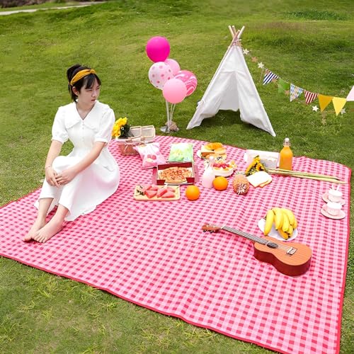 TFSZE Picknickdecke,300 x 200cm Faltbare Streifen Wasserdicht,Tragbare Extra Große Stranddecke,Campingdecke Sanddichte Isoliert mit Tragegriff,Perfekt für Picknick/Outdoor/Camping/Beach/Park(Rot)