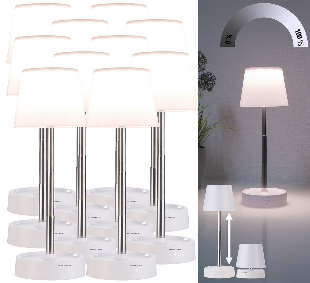 PEARL Nachtischlampe: 8er-Set Dimmbare Teleskop-Akku-Tischleuchte mit 80 Lumen, 1.200 mAh (LED Tischleuchte Batterie, aufladbare Tischlampe, Regal)