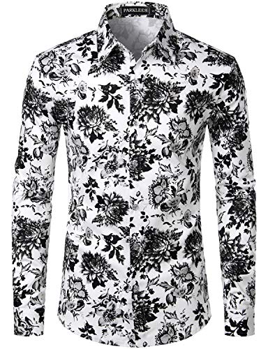 PARKLEES Herren Geblümt Langarm Sommer Freizeithemd Hawaiihemd Muster Langarmhemd 108 Schwarz S