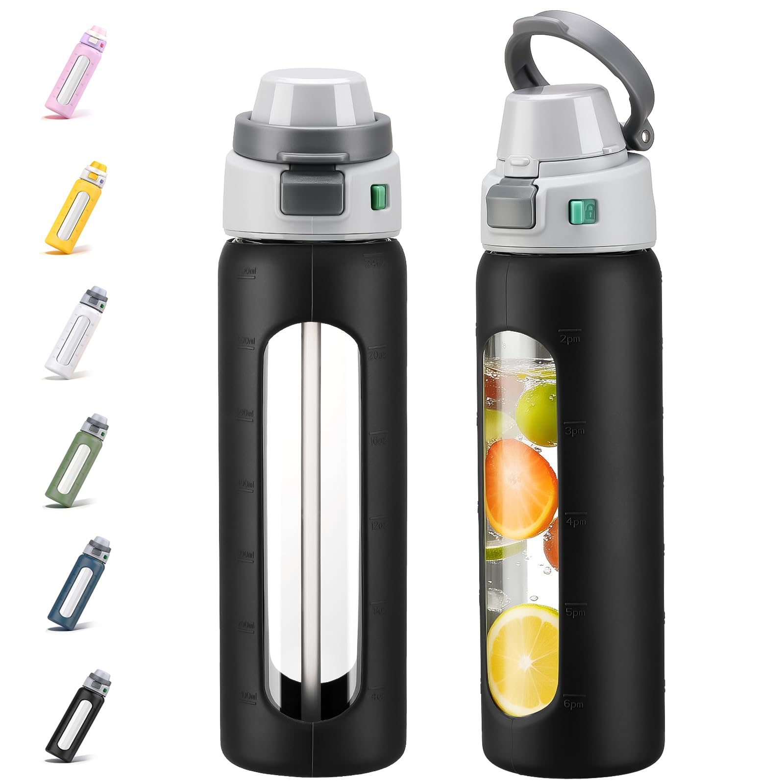 BLUEGO 2-in-1 Borosilikatglas Trinkflasche mit Strohhalm für Sport und Reisen, Trinkflasche 700ml mit Silikonhülle, Auslaufsicher, BPA-frei, Schwarz