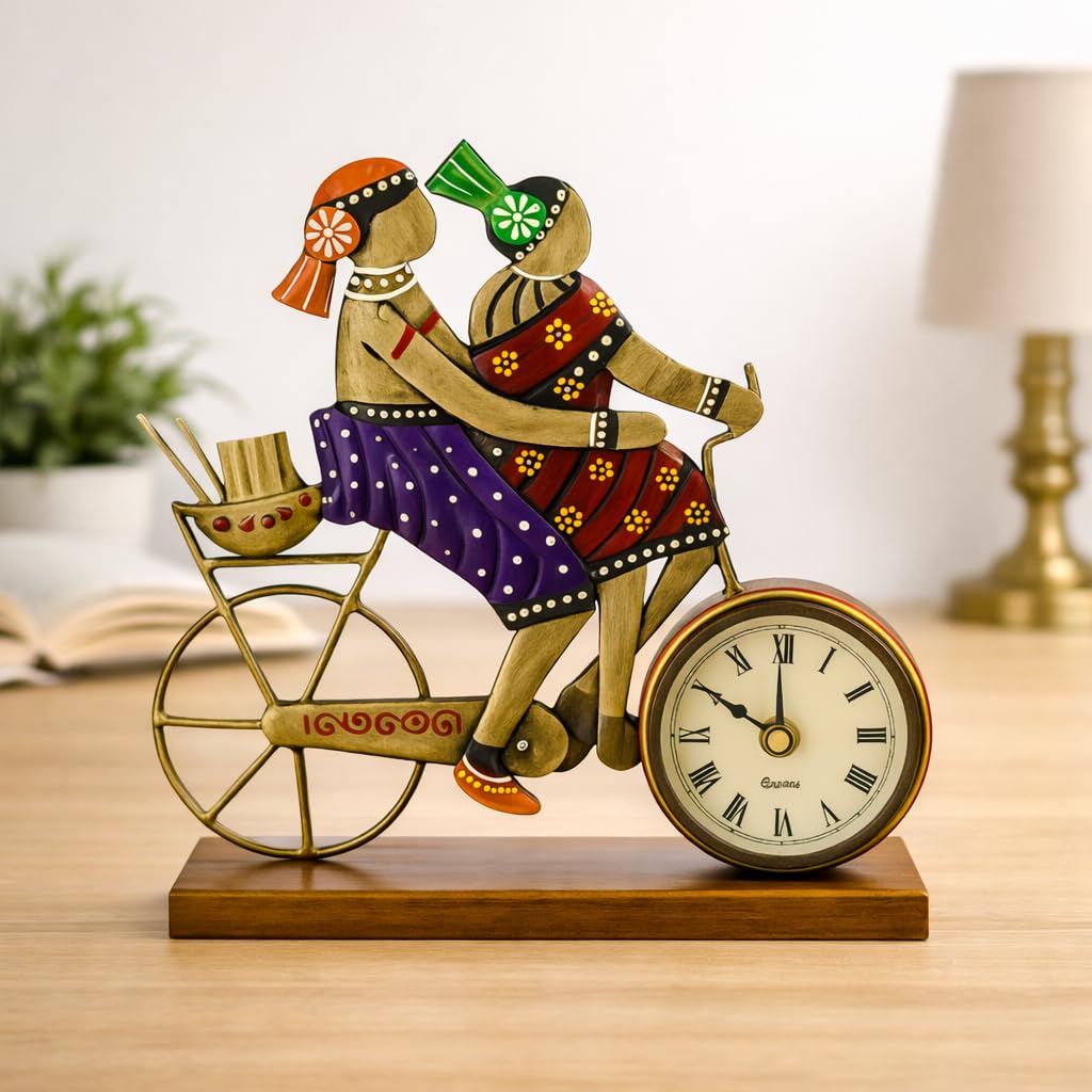 Antique Decorative Adivasi Couple Cycle Table Clock Showpiece for