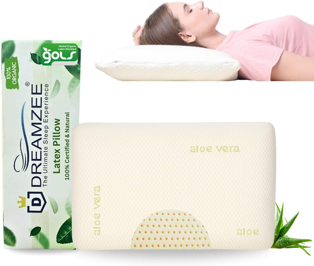 DREAMZEE Natural Latex Pillow with Aloe-Vera Zipper Fabric for Side and Stomach Sleepers Organic Bed Pillow Standard Size 24x16 Inches - with Organic Pillow Cover (Pc) Pack of 1 ‎Off-White