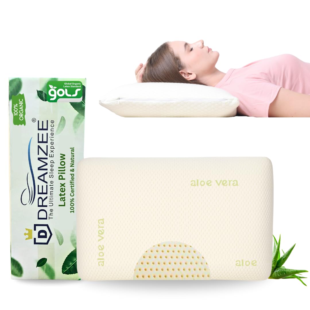 Ergonomic Concave Pillow DREAMZEE Certified 100% Natural Latex Pillow With  Aloe-Vera Zipper Fabric For Side And Stomach Sleepers- With Organic Pillow  Cover, Organic Bed GOLS Pillow (23x15 Inches, ...