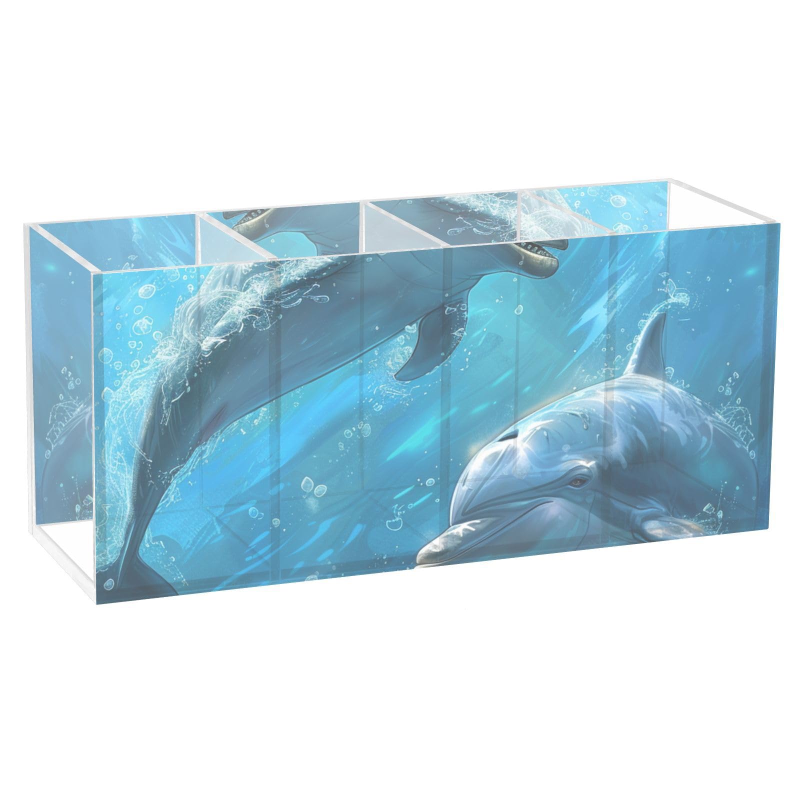 beeplusPainted Dolphin Pattern Acrylic multi-cell pen holder Desk accessories rack, makeup brush storage organizer Pencil and stationery storage desk, bathroom storage desk