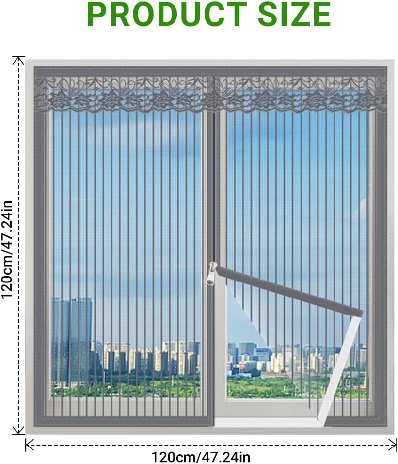 HASTHIP® Zip-up Window Mosquito Screen 120x120cm,No Drill Removable Fine Mesh Mosquito Screen Net with Lace Trim, Ventilated Mosquito Prevention Insect Window Screen