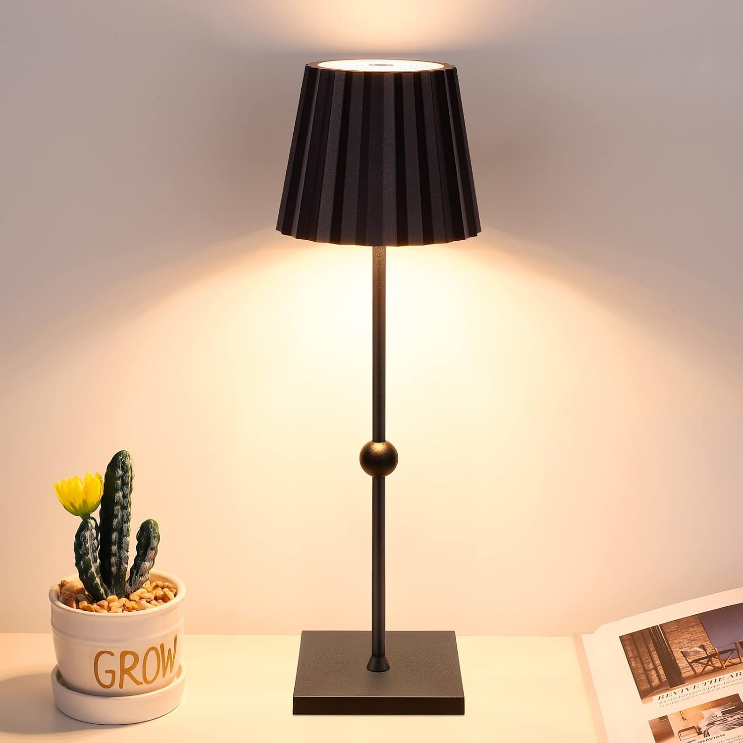 GGOYING Cordless Table Lamp,5200mAh Rechargeable Battery Operated LED Desk Lamp 3 Color Stepless Dimming, Minimalist Portable Night Light for Couple Dinner/Restaurant/Outdoor Camping//Bedroom(Black)