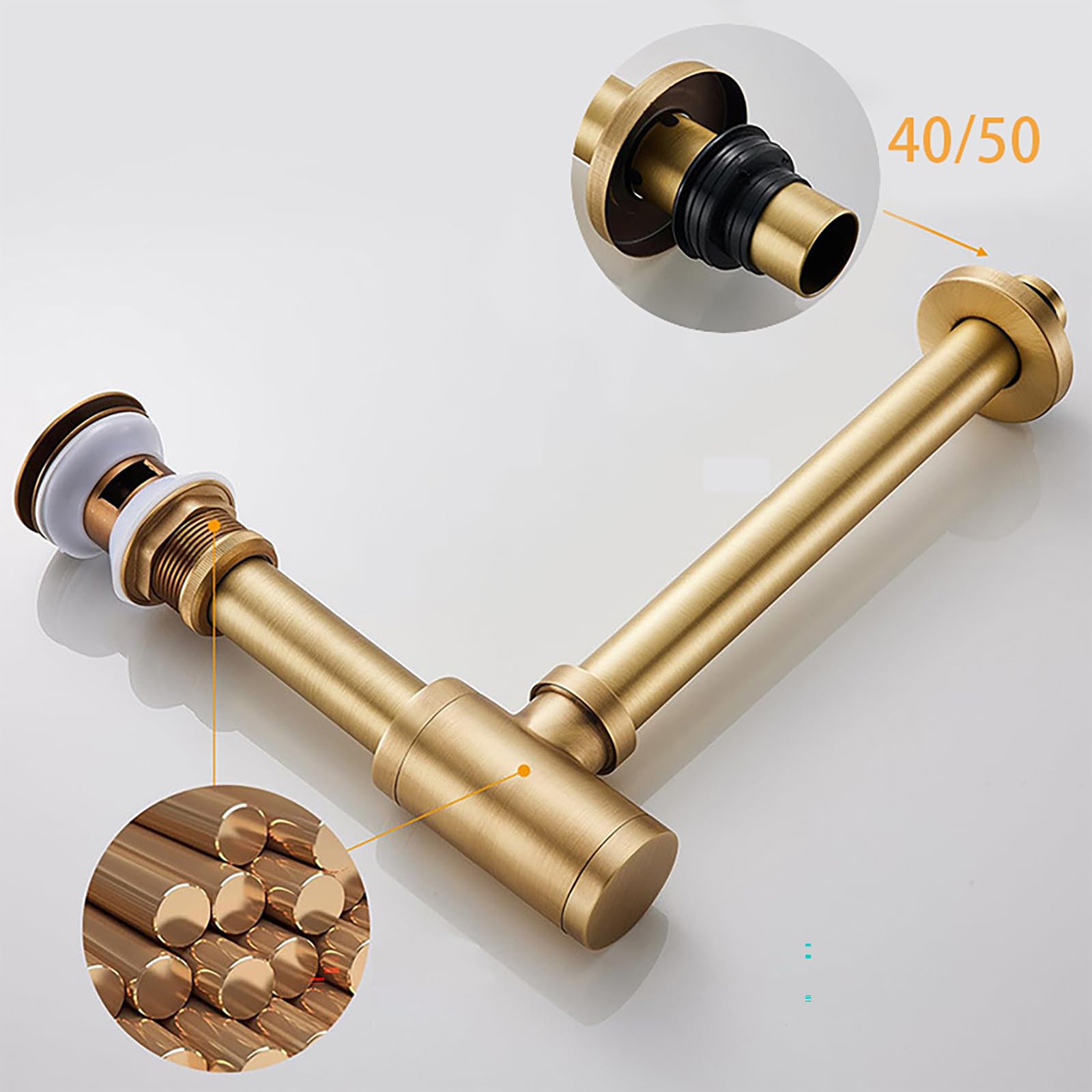 Siphon Waschbecken mit Überlauf,Pop-Up-Ablaufventil,Geruchsverschluss,Waschbecken Ablaufgarnitur Siphon Spüle Gebürstetes Gold