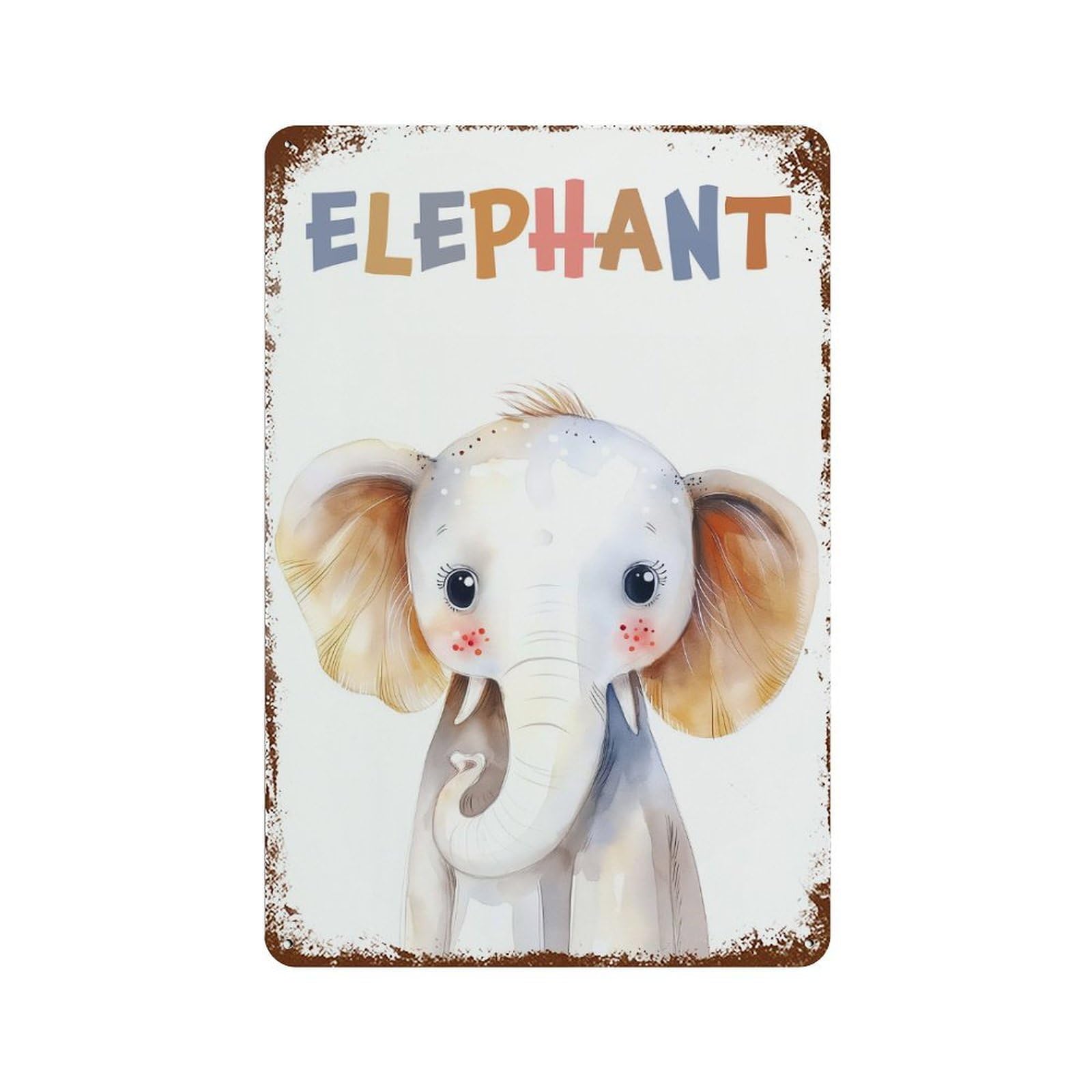 Rusty Metal Tin Sign with Cute Elephant Animal Nursery Design 11.8"x7.9", for Farmhouse, Kitchen And Entryway Decor, Classic Wall Plaque