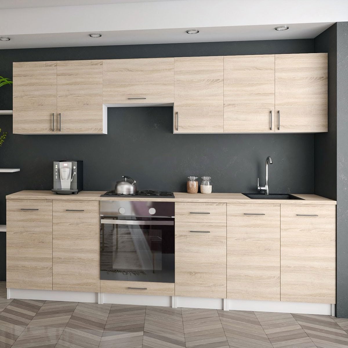 roe furniture Moderne Küchenzeile ohne Elektrogeräte in Sonoma - Einbauküche mit viel Stauraum - Erweiterbares 2,4-m-Set inkl. Arbeitsplatten in Sonoma