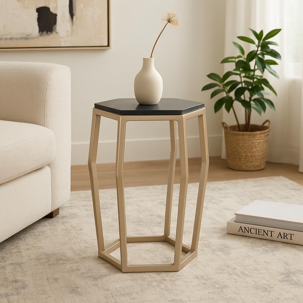 End Table, Side Table, or Night Stand for Home Decor - Marble Accent Table with Pentagon Top and Slim Frame for Small Spaces - Chic Table for Living Room, Bedroom, or Office - 22" Champagne & Black