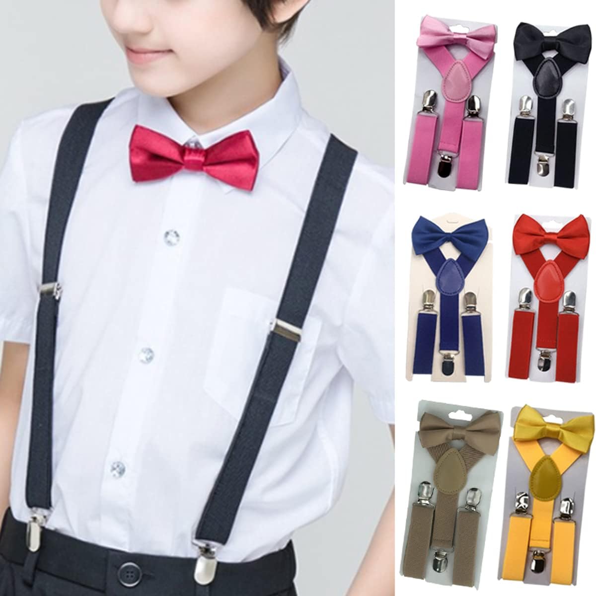 Queenbox Adjustable Kid Y-Shape Braces Bow Tie Set, Elastic Suspender with 3 Clips, Pre-Tied Bowtie, Orange