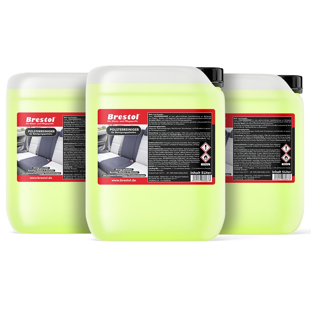 Brestol® Limpiador de tapicería para pistolas de limpieza, 15 litros, listo para usar, limpiador de alfombras, limpiador de tela, limpiador de asientos de techo, limpiador textil, limpiador de