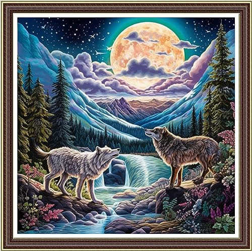 Image of Foxhool Beginners Cross Stitch Kits Stamped Full Range of Embroidery Kits for Adults DIY Cross Stitches kit Embroidery Patterns for Needlepoint kit-Moonlight Wolf 17.7x17.7 inch
