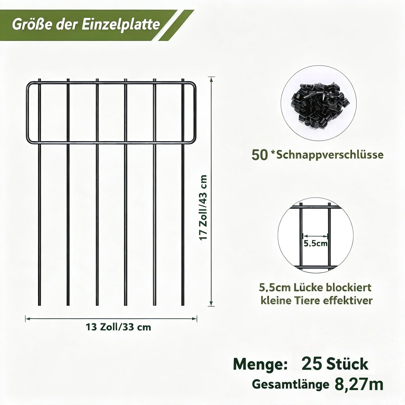 25 Stück Tier-Absperrzaun, 43,2 cm (H) x 8,27 m (L), dekorativer Zaun, rostfreier Metalldraht, Gartenzaun, Hundekaninchen, Erdspieße, Zaun für den Garten