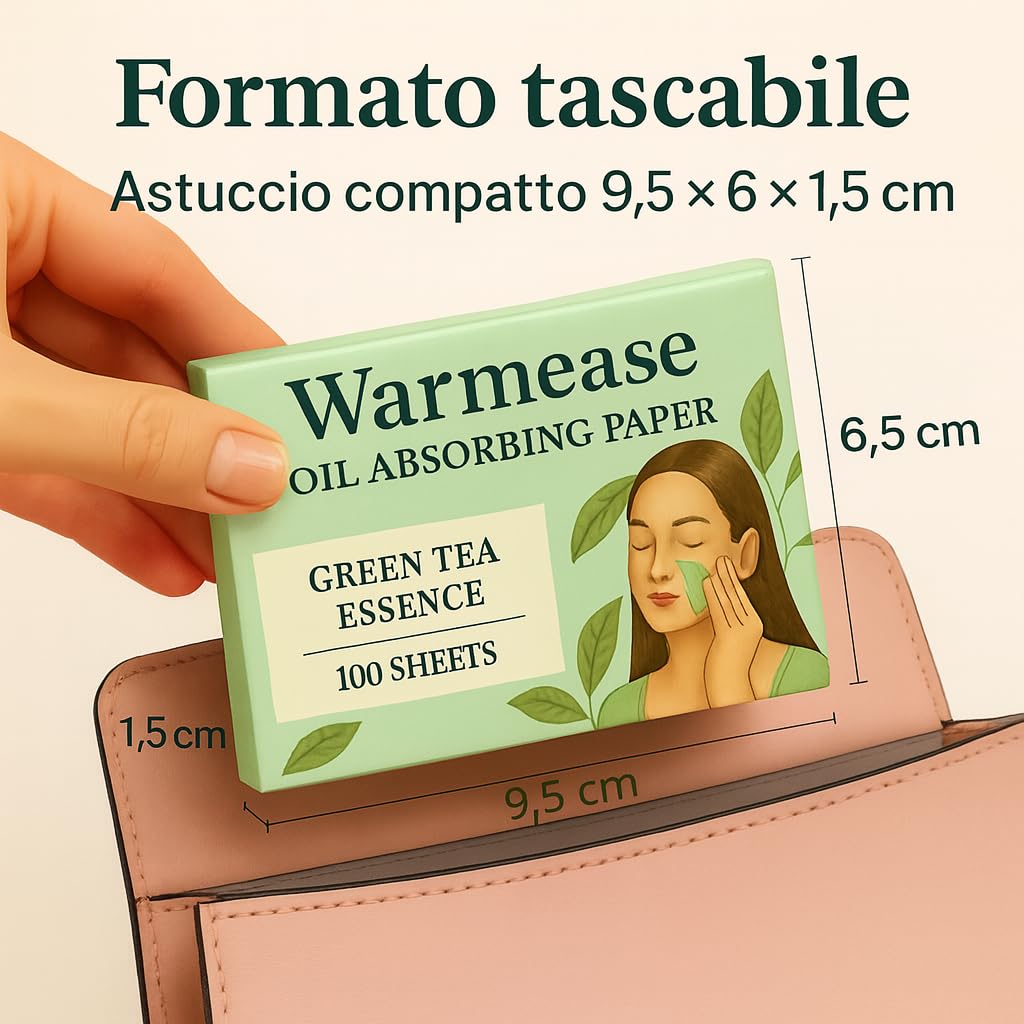 Confezione da 300 fogli assorbenti al tè verde, fogli assorbenti per il viso anti-lucidità, assorbono il sebo in eccesso, non alterano il trucco, formato tascabile per pelli grasse