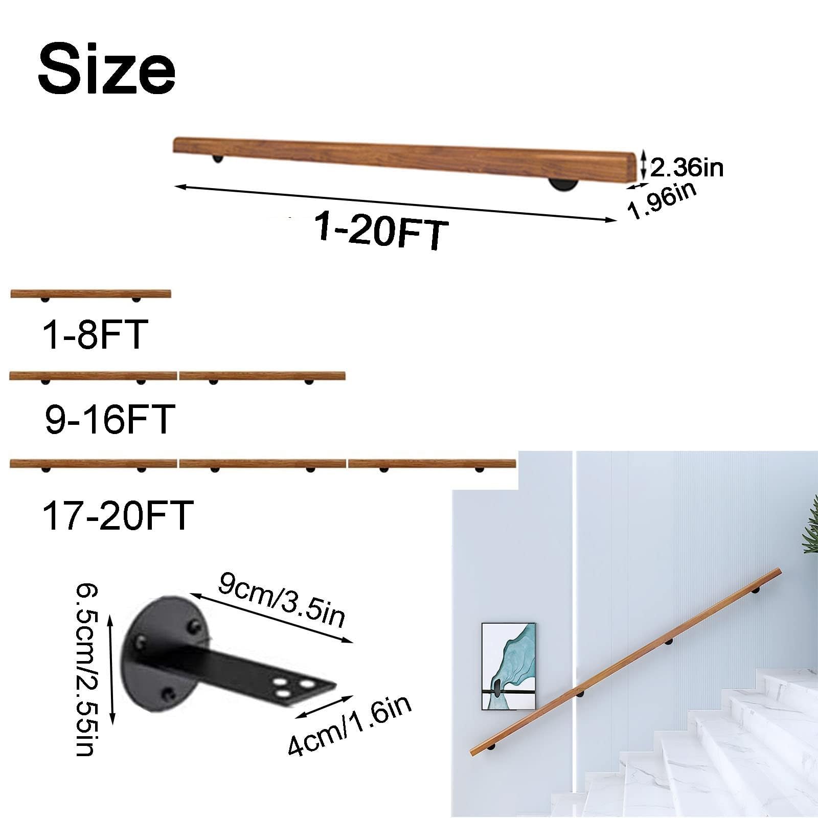 Pasamanos Escalera Pasamanos de Madera 30-600cm con Soportes, Varilla de Soporte de barandillas de Escalera Antideslizante(100cm/3.28ft)