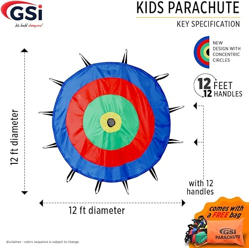 Miniatura 2 de GSI Paracaídas redondo  12 pies redondo arco iris paracaídas juguete juego de tienda de campaña para niños gimnasia juego cooperativo y actividades