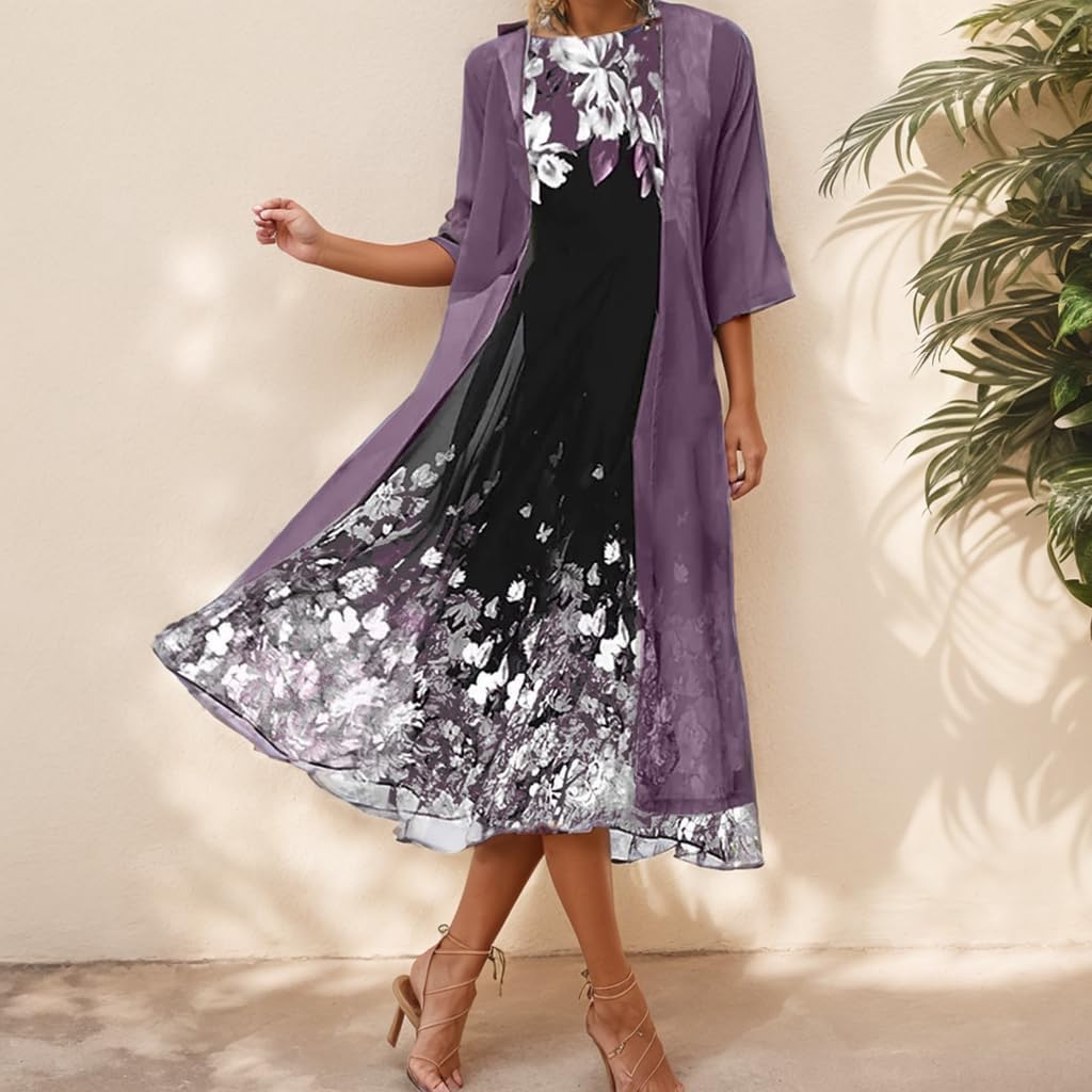 Womens Summer Flowy Chiffon Floral Maxi Dresses with Jacket 2 Piece Sets Cocktail Wedding Guest Dresses
