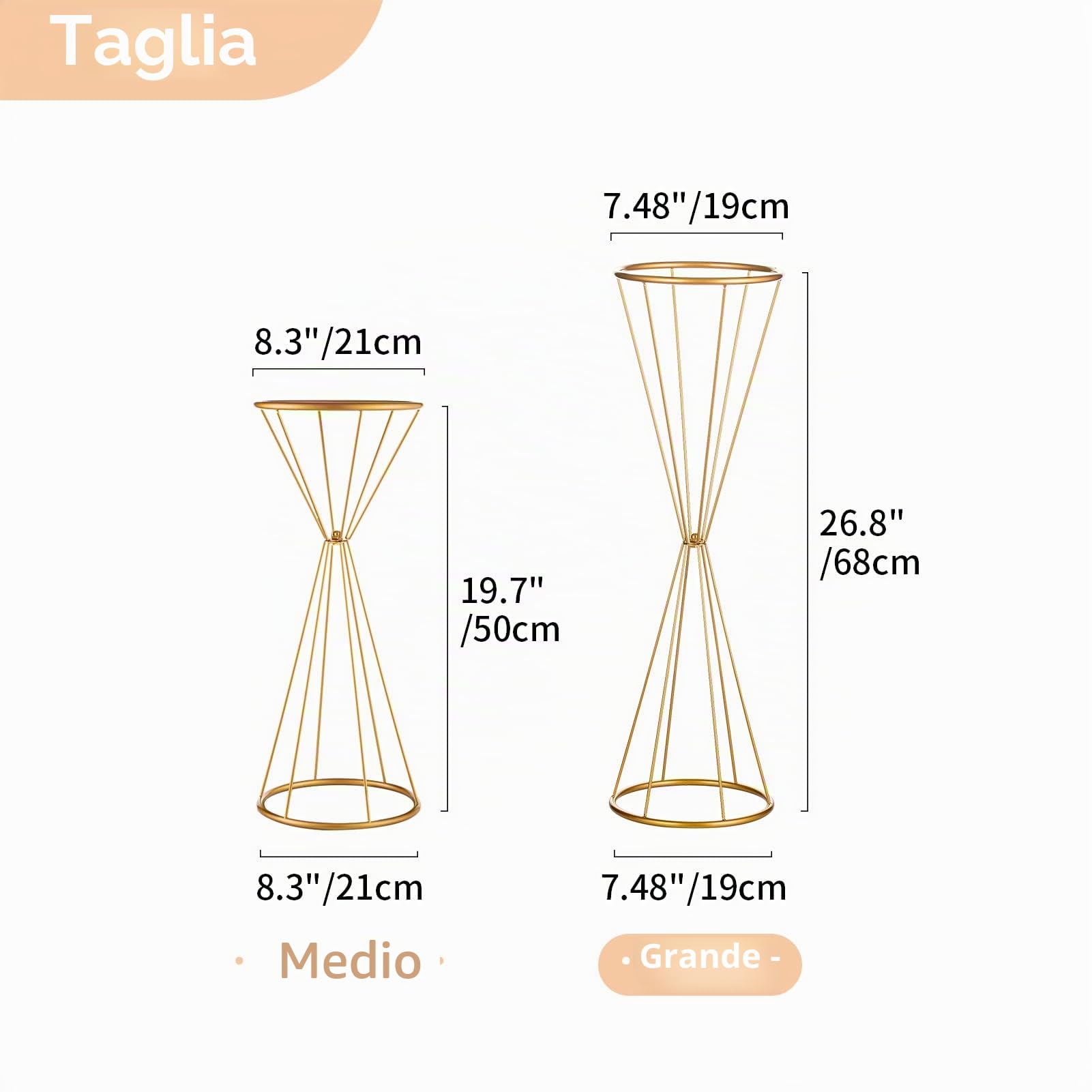 NUPTIO Centrotavola Vaso Fiori, 68cm Alti, 2 Pezzi, a Forma di Tromba | Finitura Oro, Geometrico Struttura in Metallo, a Forma di Tromba Supporto per Matrimoni, Feste, Natale, Compleanno, Halloween