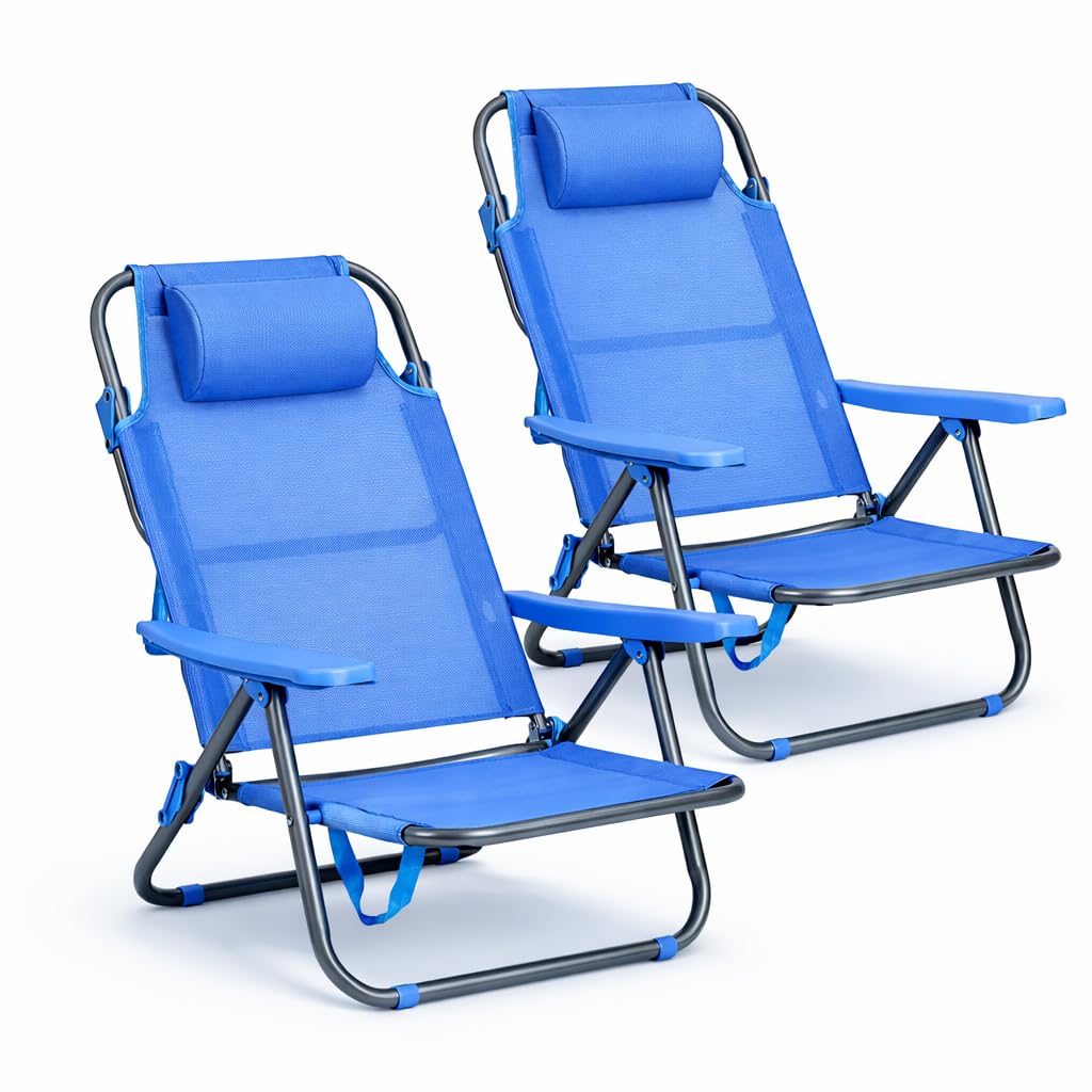 T-LOVENDO.ES Pack de 2 Sillas de Playa Reclinables Plegables con Reposacabezas | Sillas Portátiles para Jardín, Camping, Piscina, Terraza | Estructura de Acero Ligera y Tela Transpirable Resistente