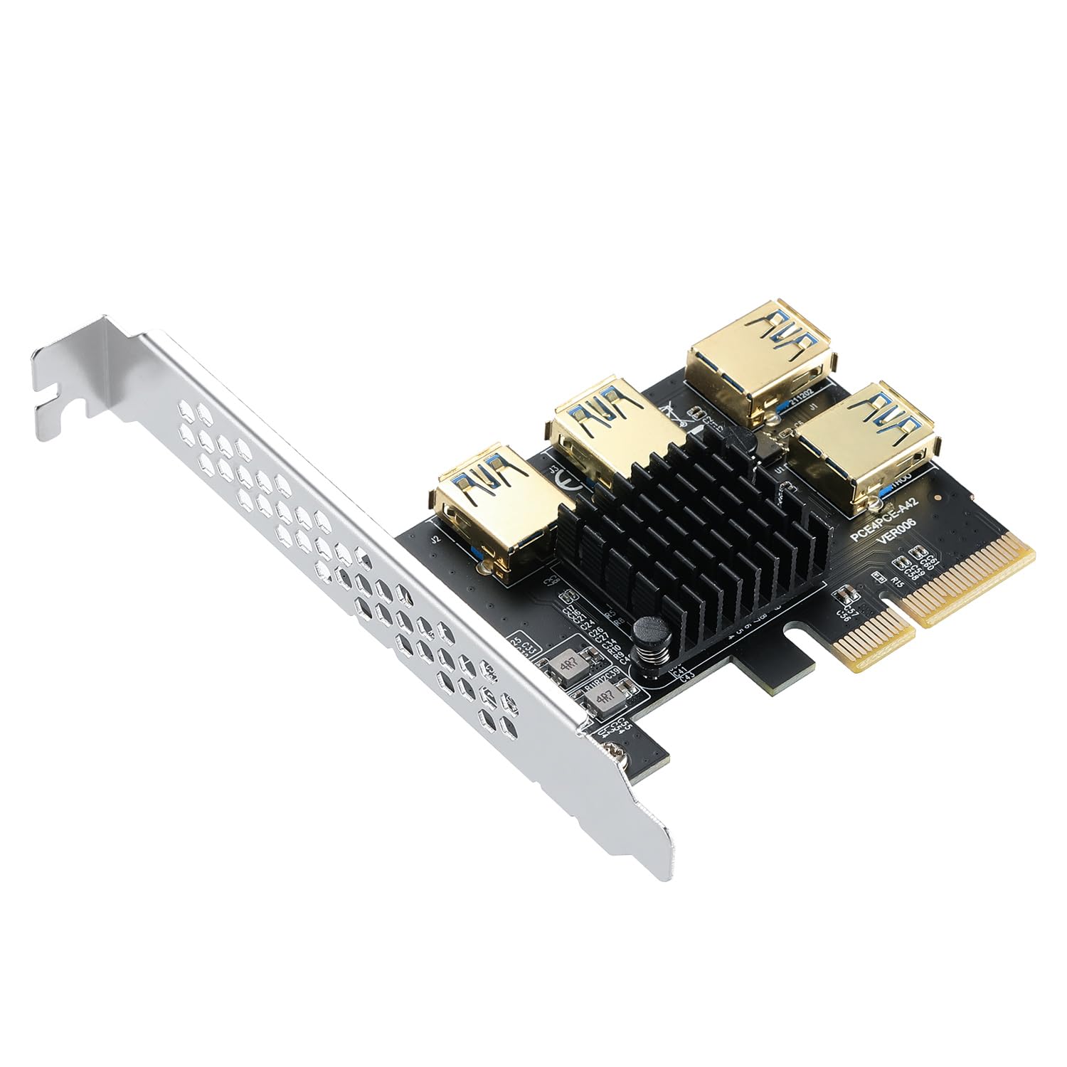 New PCIe 1 to 4 Riser, PCI Express 4X to 16X Splitter Riser Card, PCI-E to External 4 USB 3.0 Converter Adapter w/Large Heatsink, PCIE Multiplier Expansion Board for Ethereum Bitcoin Mining
