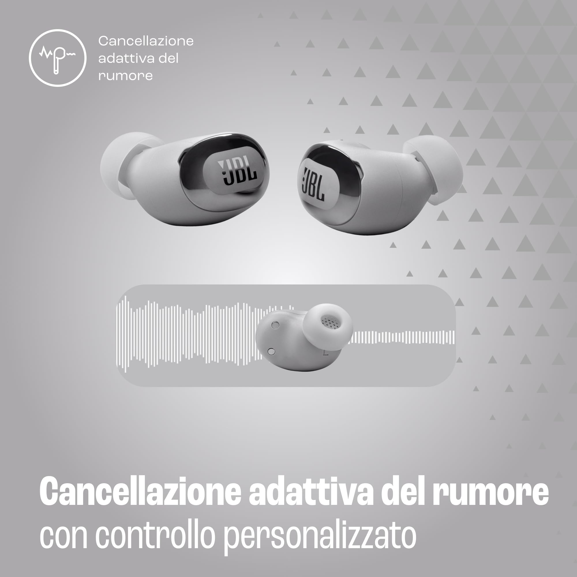 JBL Live Buds 3 Cuffie Wireless Bluetooth, 40 Ore di Autonomia, con Cancellazione Adattiva del Rumore e High-Resolution JBL Signature Sound, Impermeabili IP55, Argento - Vista 5