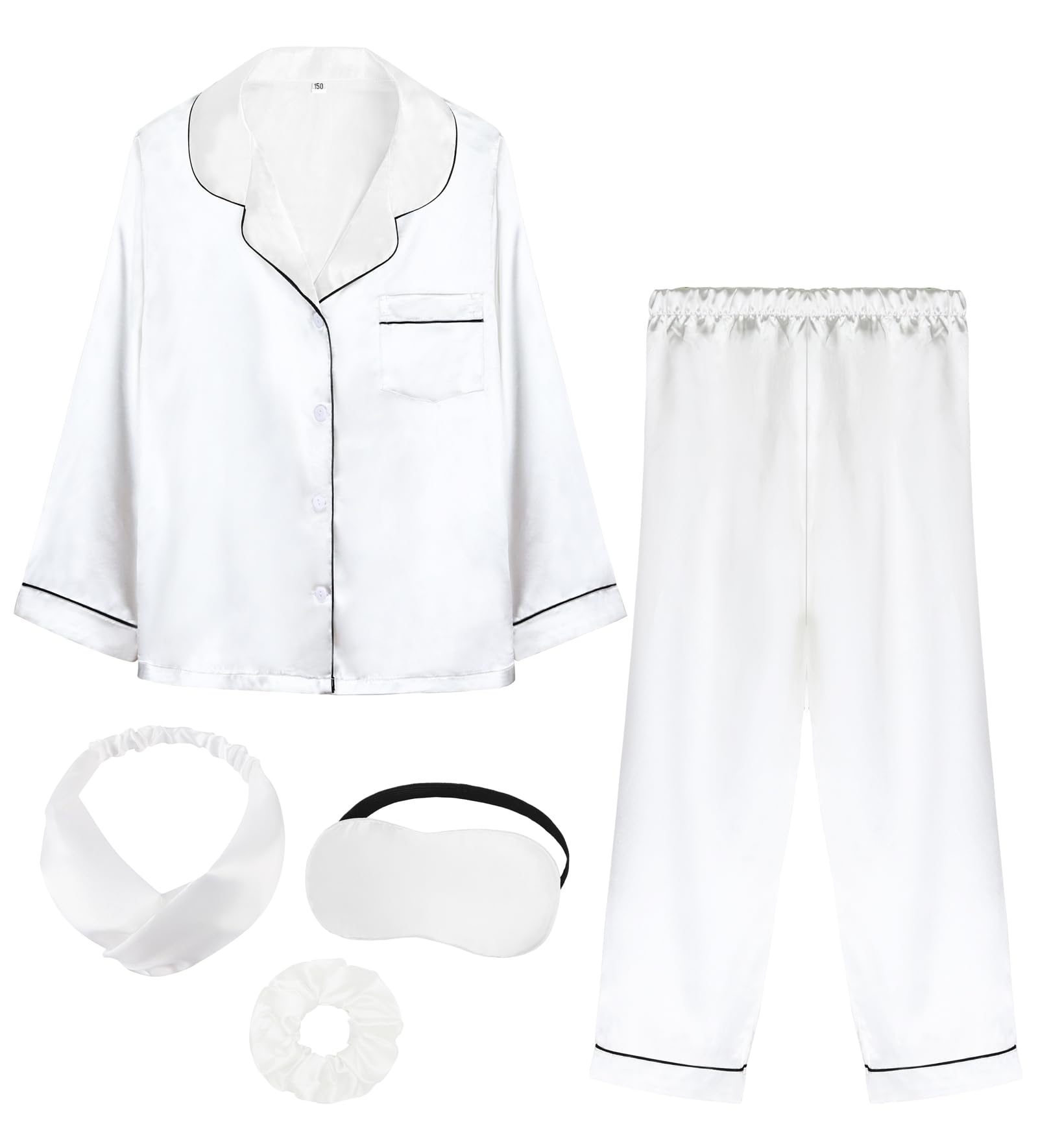 ALHAVONE Kids Girl Pajama Set with Headband Blindfold Hair Tie Toddler Boy Girl Satin Silky Button-up Pajama Sleepwear