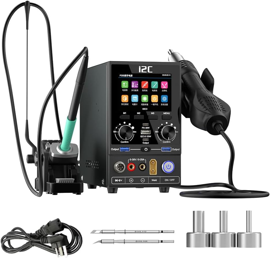 I2C P30S 2 IN 1 Soldering Station Hot Air Gun Rework Station Electric Soldering Iron,Hot Air Functions Digital Display Soldering Iron Soldering Kit For Phone PCB Welding (D115 SET, Soldering Station)