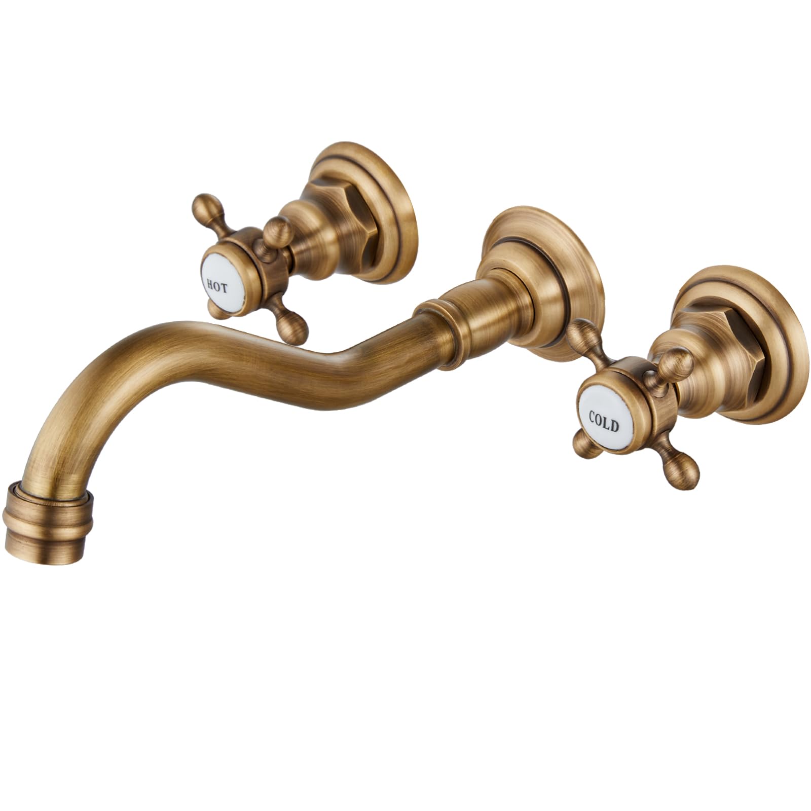Midanya Bathroom Widespread Sink Faucet Wall Mount 3 Holes 2 Cross Knobs Brass Lavatory Basin Mixer Tap Mixing Spout Double Handles Commercial Antique Brass with Hot Cold Signs